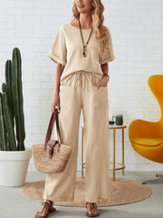 Round Neck Half Sleeve Top and Pocketed Pants Set - Etopikk-fashion boho chic