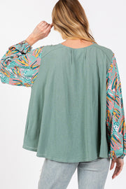 SAGE + FIG Ruched Round Neck Printed Bubble Sleeve Top - Etopikk-fashion boho chic