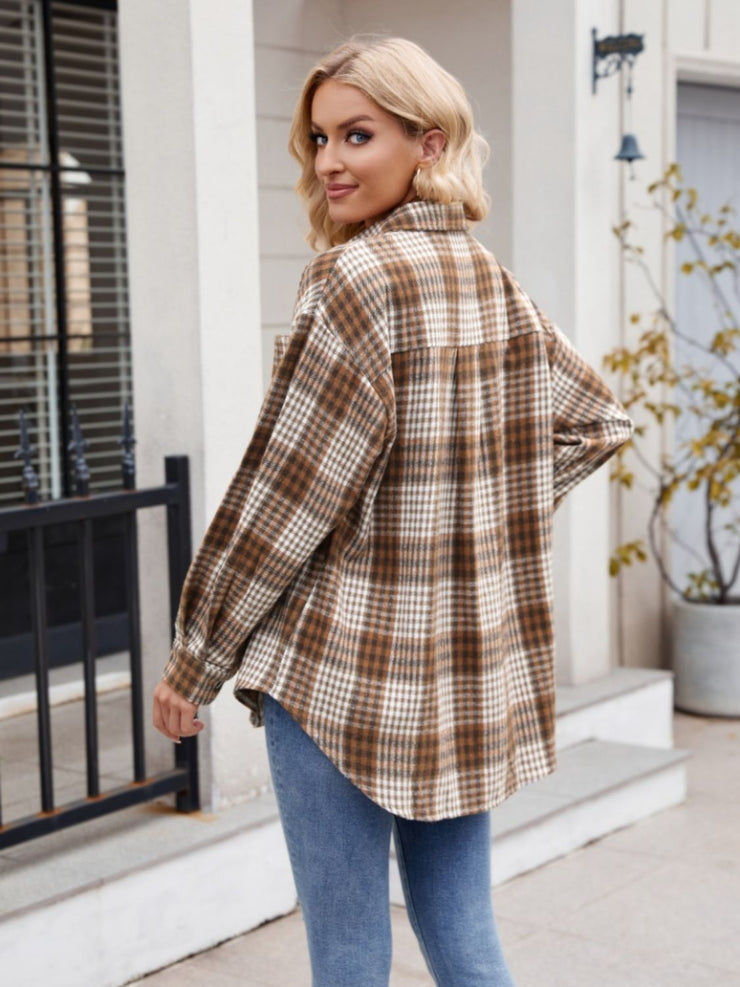 Pocketed Plaid Collared Neck Long Sleeve Shirt