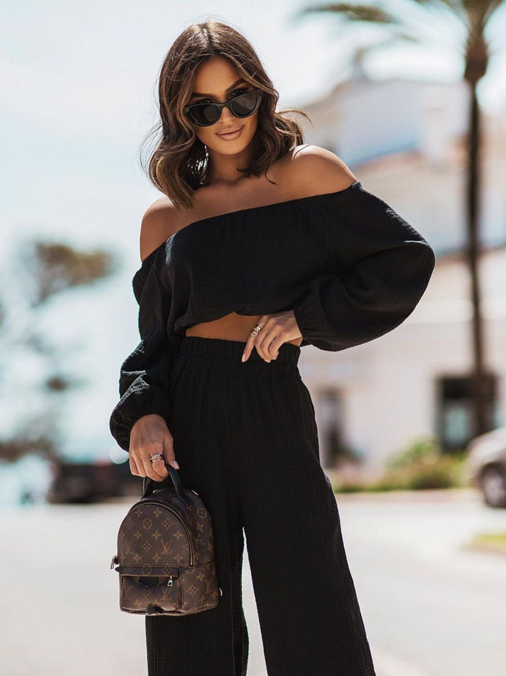 Off Shoulder Long Sleeve Top and Pants Set - Etopikk-fashion boho chic