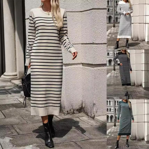 Slim fit women's knitted sweater with striped long skirt, fashionable autumn and winter dress