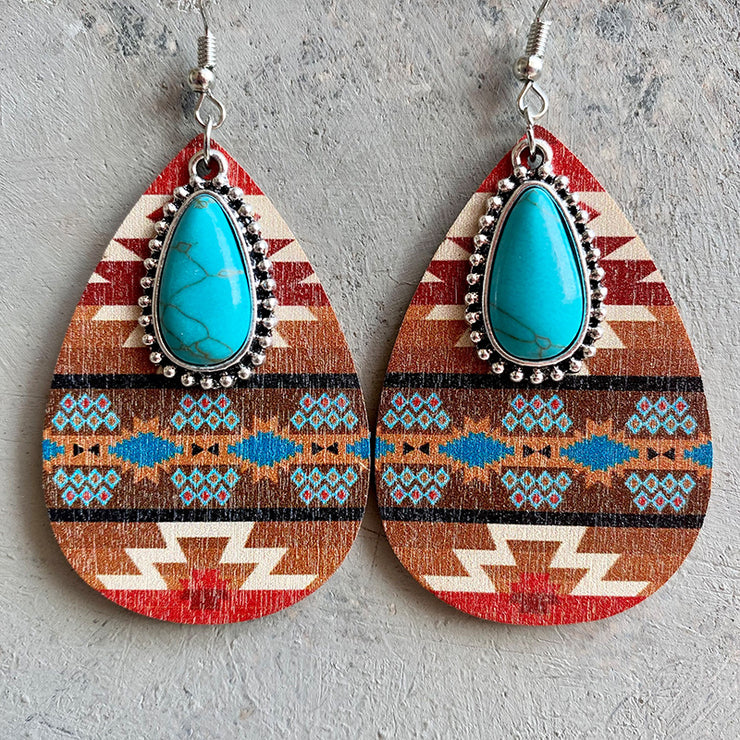 Turquoise Teardrop Shape Wooden Dangle Earrings - Etopikk-fashion boho chic