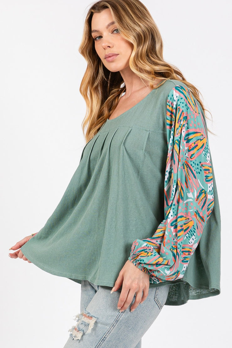 SAGE + FIG Ruched Round Neck Printed Bubble Sleeve Top - Etopikk-fashion boho chic