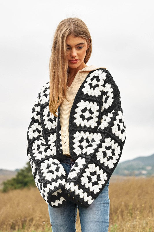 Two-Tone Floral Square Crochet Open Knit Cardigan