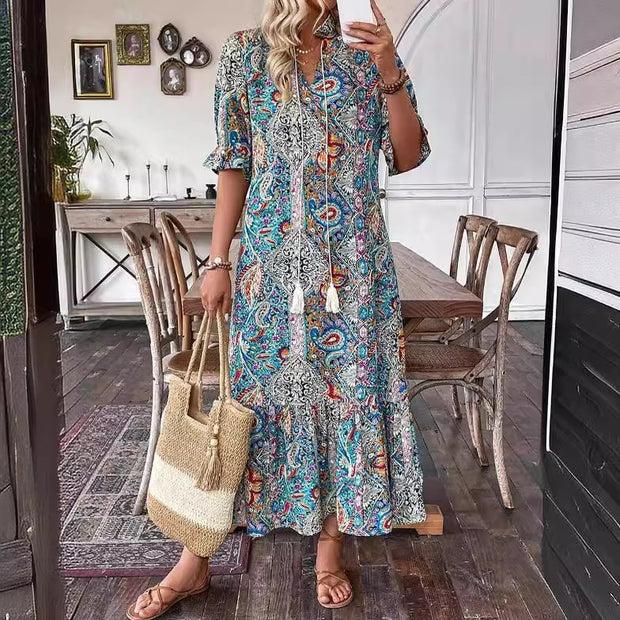 Sommerkleid Damen - Elegantes V-Ausschnitt Blumenmuster für warme Tage