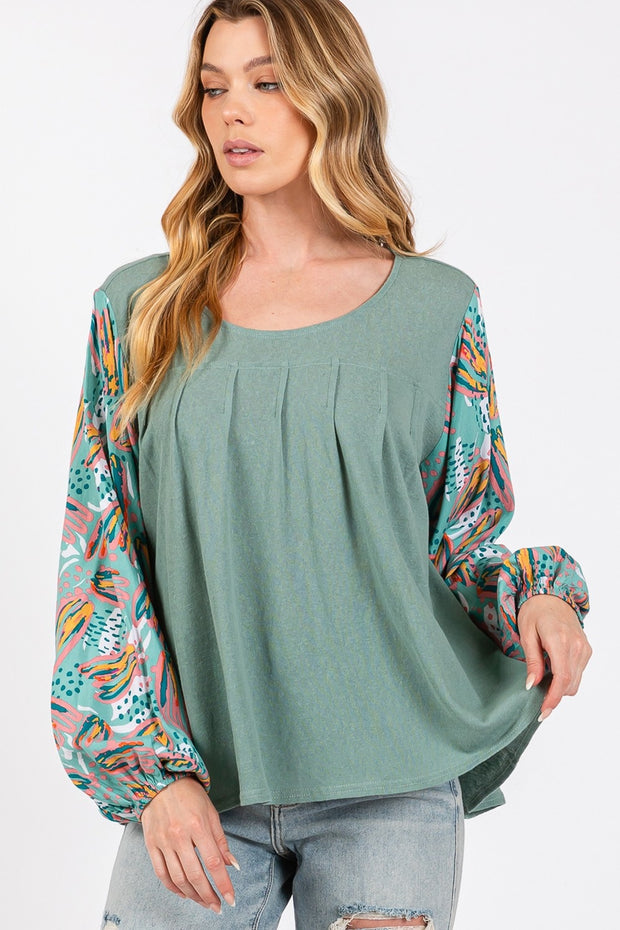 SAGE + FIG Ruched Round Neck Printed Bubble Sleeve Top - Etopikk-fashion boho chic