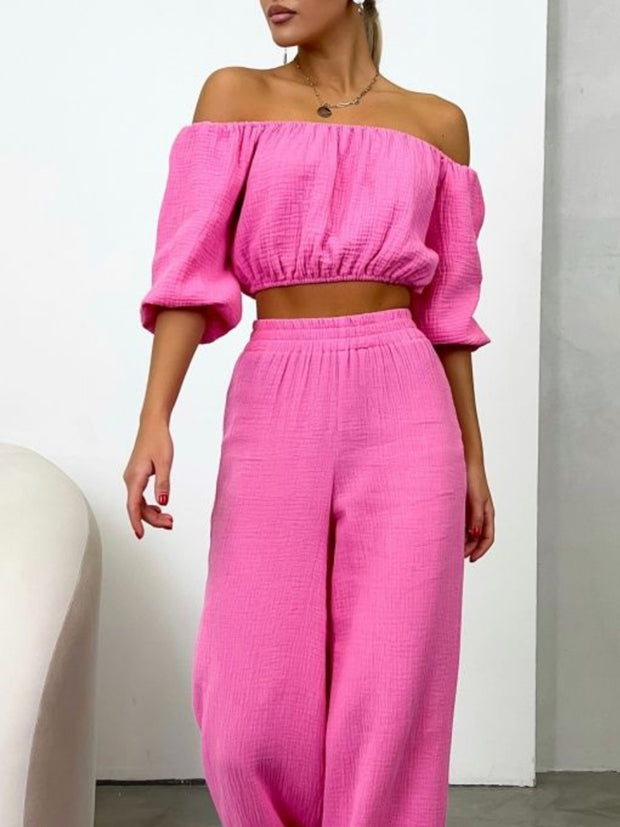 Off Shoulder Long Sleeve Top and Pants Set - Etopikk-fashion boho chic