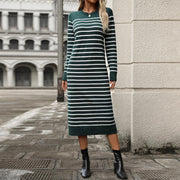 Slim fit women's knitted sweater with striped long skirt, fashionable autumn and winter dress