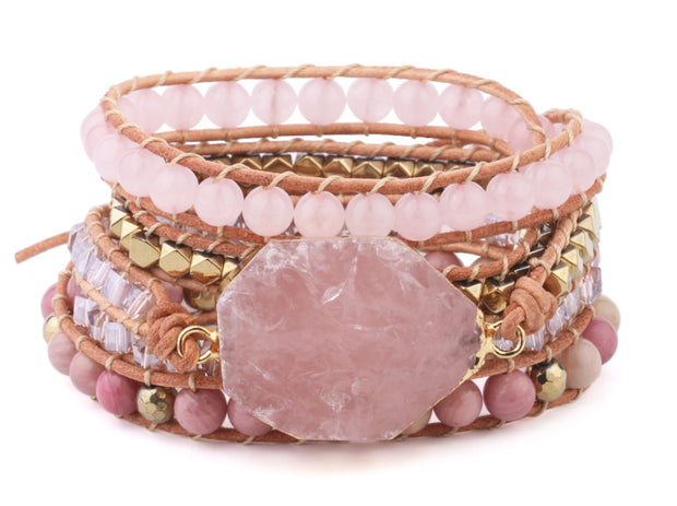 Retro Natural Pink Spar Handmade Bead String Woven Multi-layer Bohemian Bracelet