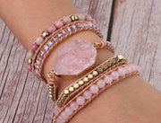 Retro Natural Pink Spar Handmade Bead String Woven Multi-layer Bohemian Bracelet
