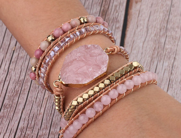 Retro Natural Pink Spar Handmade Bead String Woven Multi-layer Bohemian Bracelet