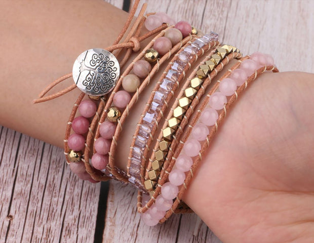 Retro Natural Pink Spar Handmade Bead String Woven Multi-layer Bohemian Bracelet