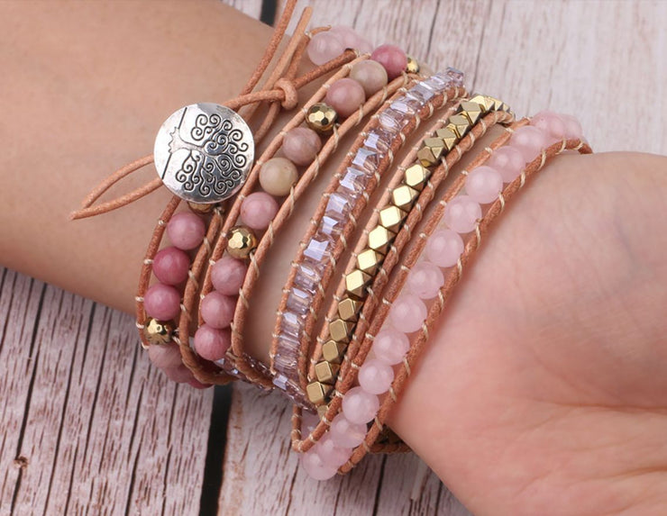 Retro Natural Pink Spar Handmade Bead String Woven Multi-layer Bohemian Bracelet