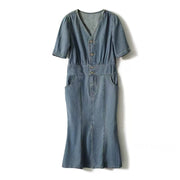 Summer Style French Retro Design Niche Waltz Mermaid Tail Waist Slim V-Neck Denim Dress
