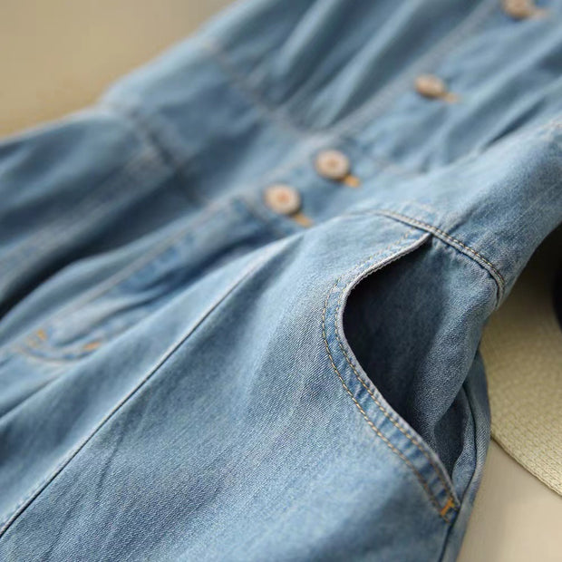Summer Style French Retro Design Niche Waltz Mermaid Tail Waist Slim V-Neck Denim Dress