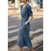 Summer Style French Retro Design Niche Waltz Mermaid Tail Waist Slim V-Neck Denim Dress