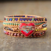 Premium Classic Heart Shape Leather Wrap Bracelets W/ Mix Stone Jaspers Beads Strand Bracelet Classic Jewelry Bijoux Dropship|Strand Bracelets|