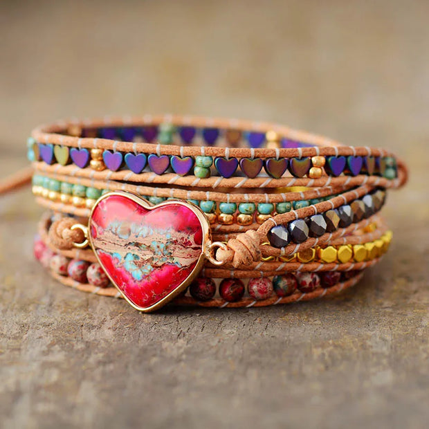 Premium Classic Heart Shape Leather Wrap Bracelets W/ Mix Stone Jaspers Beads Strand Bracelet Classic Jewelry Bijoux Dropship|Strand Bracelets|