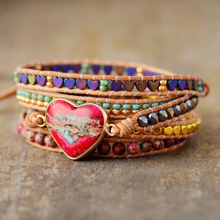 Premium Classic Heart Shape Leather Wrap Bracelets W/ Mix Stone Jaspers Beads Strand Bracelet Classic Jewelry Bijoux Dropship|Strand Bracelets|