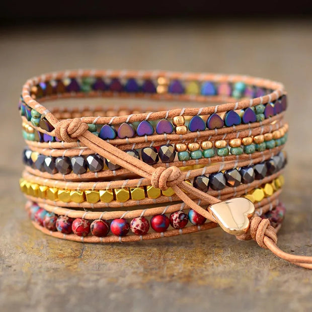 Premium Classic Heart Shape Leather Wrap Bracelets W/ Mix Stone Jaspers Beads Strand Bracelet Classic Jewelry Bijoux Dropship|Strand Bracelets|