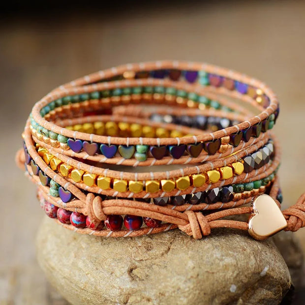 Premium Classic Heart Shape Leather Wrap Bracelets W/ Mix Stone Jaspers Beads Strand Bracelet Classic Jewelry Bijoux Dropship|Strand Bracelets|