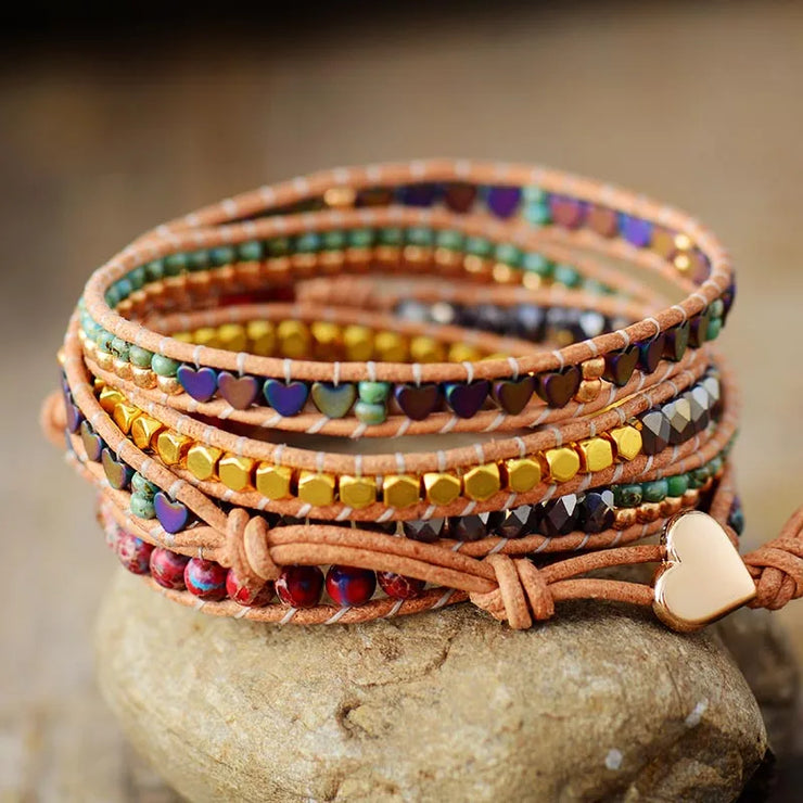 Premium Classic Heart Shape Leather Wrap Bracelets W/ Mix Stone Jaspers Beads Strand Bracelet Classic Jewelry Bijoux Dropship|Strand Bracelets|