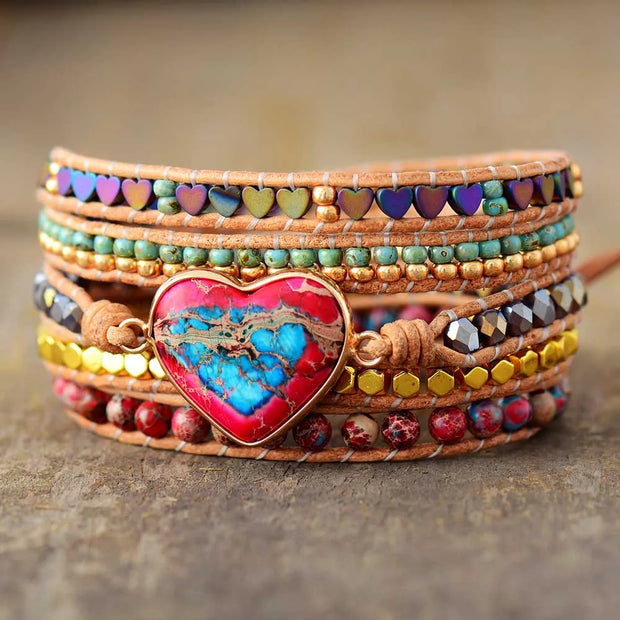 Premium Classic Heart Shape Leather Wrap Bracelets W/ Mix Stone Jaspers Beads Strand Bracelet Classic Jewelry Bijoux Dropship|Strand Bracelets|