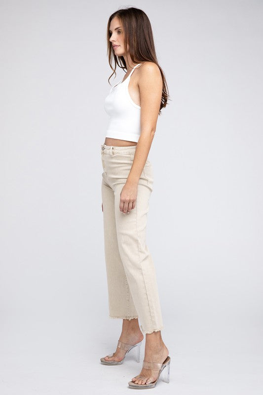 Frayed Cutoff Hem Straight Wide Pants