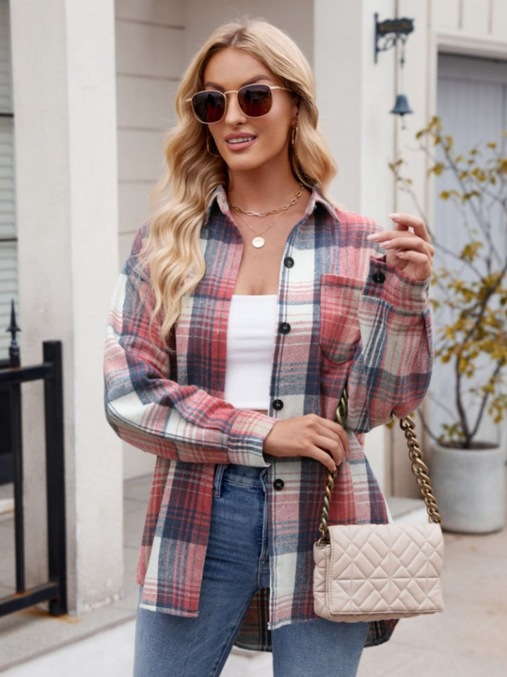 Pocketed Plaid Collared Neck Long Sleeve Shirt