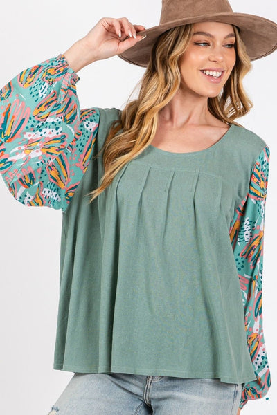 SAGE + FIG Ruched Round Neck Printed Bubble Sleeve Top - Etopikk-fashion boho chic