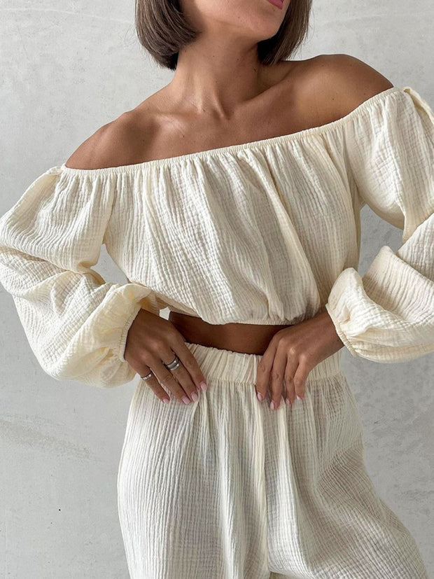 Off Shoulder Long Sleeve Top and Pants Set - Etopikk-fashion boho chic