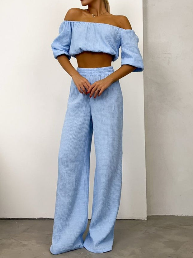 Off Shoulder Long Sleeve Top and Pants Set - Etopikk-fashion boho chic