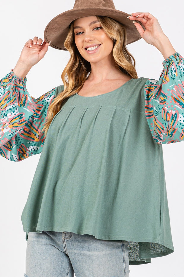 SAGE + FIG Ruched Round Neck Printed Bubble Sleeve Top - Etopikk-fashion boho chic