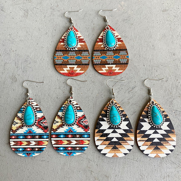 Turquoise Teardrop Shape Wooden Dangle Earrings - Etopikk-fashion boho chic