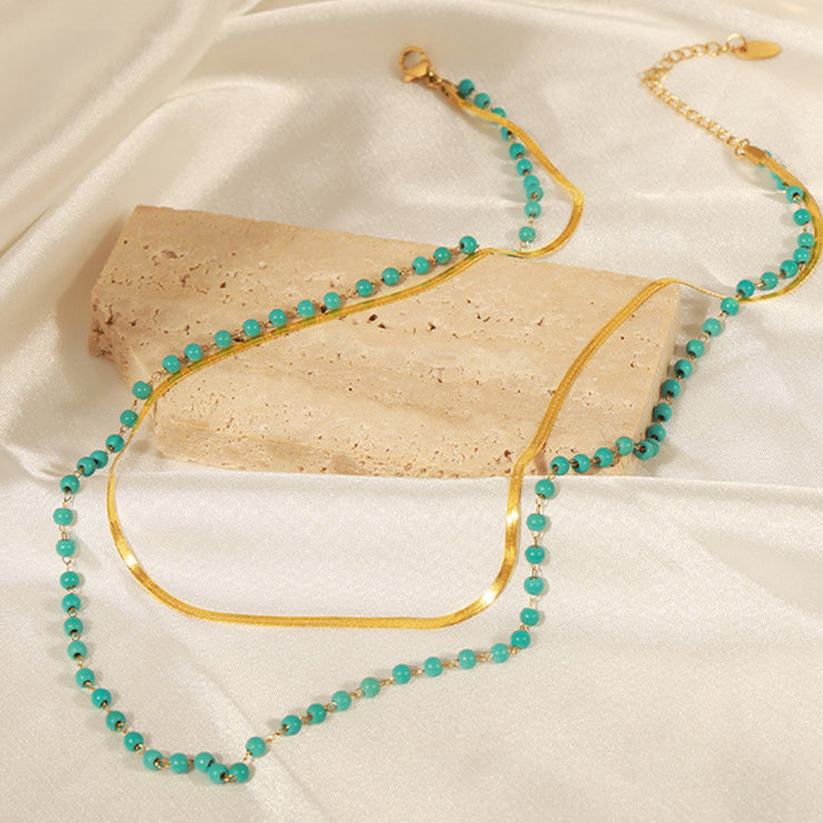 Turquoise Titanium Steel Double-Layered Necklace